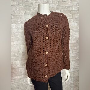 Brown Crochet Button-Up Sweater